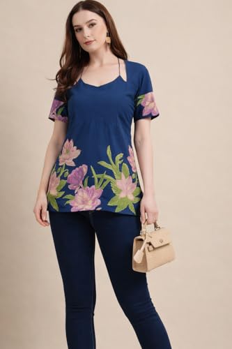 Image of Women's Floral Pure Cotton V-Neck Short Kurti (Has Lining) | Lightweight Short Sleeve Tunic | Breathable Stylish Casual & Office Wear Top