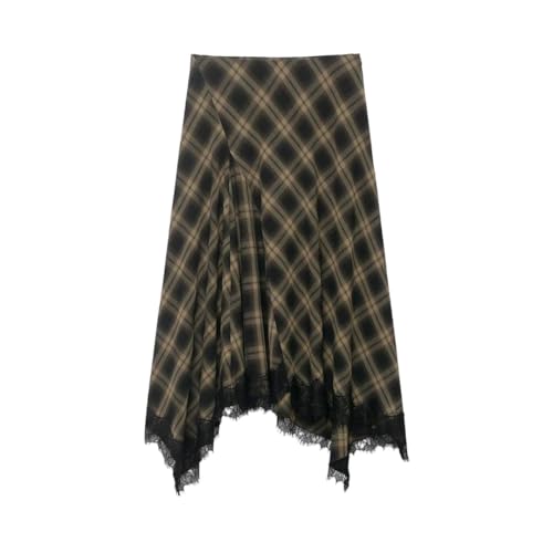 Women Casual Plaid Lace Patchwork Midi Skirt Casual High Waist
