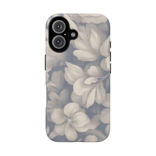Coque iPhone 16 motif floral bleu beige rigide mate antichoc et anti-trace