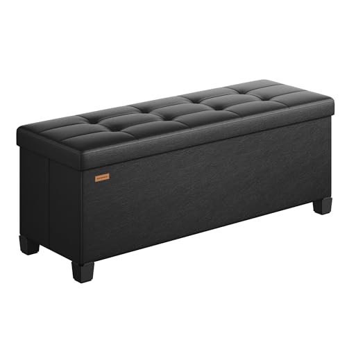 SONGMICS Puff Almacenaje, Banco Plagable con Patas, 38 x 110 x 40 cm, Reposapiés, 112 L, PVC, para el Dormitorio, Sala de Estar, Negro Tinta LSF0514B02