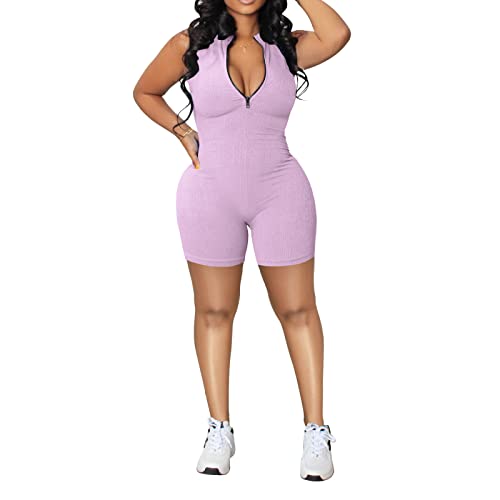 Women Sexy Sleeveless Bodycon Jumpsuit Ribbed Zipper Rompers Skinny Tracksuit One Piece Outfits Purple L #TOP8