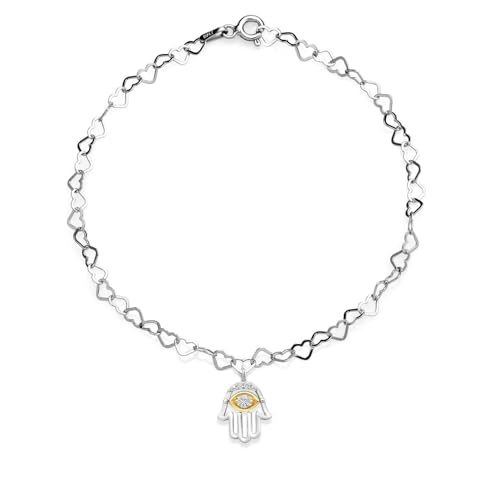 Gem Stone King Made In Italy 925 Silver and 10K Yellow Gold Heart Chain Bracelet For Women with Fortune Charms Set with Lab Grown Diamond and Moissanite | 7.5 Inches