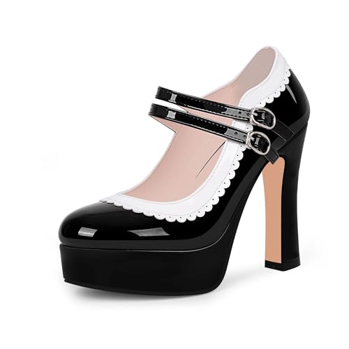 Women's Ankle Strap Plafrom Mary Janes Pumps Block High Heels Double Buckle Patent Leather Dress Shoes