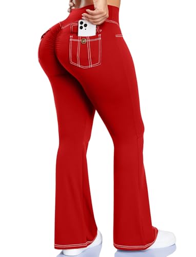 SEASUM Workout Butt Lifting Flare Leggings with Pockets for Women Scrunch Cargo Gym Casual Denim-Look Yoga Pants Red XL - image 1