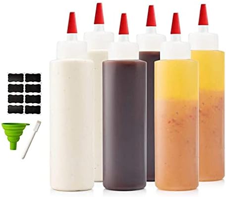 6-pack Premium Plastic Condiment Squeeze Squirt Bottles for Sauces, Paint,Oil, Condiments,Salad Dressings, Arts and Crafts - Food Grade-Includes Funnel, Erasable Marker and Reusable Labels (16 oz)