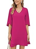 BELONGSCI Women's Summer Dress Sweet & Cute V-Neck 3/4 Bell Sleeve Casual Loose Shift Dress Mini Dress