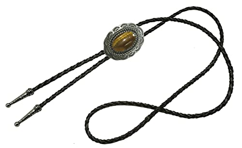 Image of Moranse Bolo Tie with Natural Tiger Eye Stone Celtic Style Genuine and Cowhide Rope
