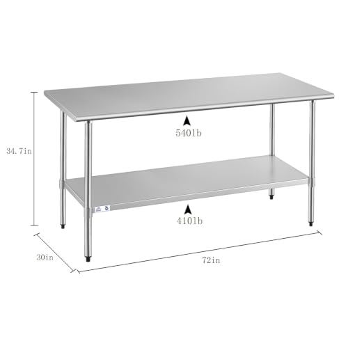 Image of ROCKPOINT Stainless Steel Table for Prep & Work 30x72 Inches, NSF Metal Commercial Kitchen Heavy Duty Table with Adjustable Under Shelf and Table Foot for Restaurant, Home and Hotel, Silver