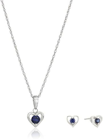 Amazon Collection Womens' Petite Sterling Silver Created Blue Sapphire Open Heart Stud Earrings and 16" Pendant Necklace Jewelry Set