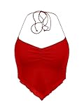 Floerns Women's Ruched Sleeveless Halter Neck Tie Back Hanky Hem Crop Cami Top Red S