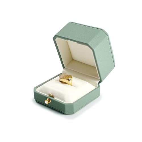 Leather Ring Box Jewelry Gift Box Mirofiber Interior Wedding Ring Case for Birthday, Proposal, Engagement, Wedding, Valentine's Day (Green)