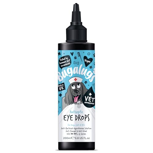 BUGALUGS Dog Eye Drops 200ml Antiseptic eye drops for dogs puppy cats & animals. Antibacterial helps dry itchy irritated gunky & tear stain eyes. Eye Wash Cleaner