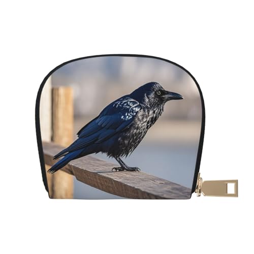Clever Crows Print Credit Card Holder, PU Leather Small Card Bag Wallets with Zipper for Women Men id Business Card