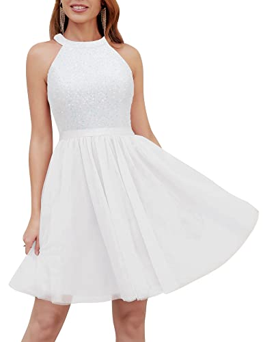 Image of Dressystar Women's Sequin Short Prom Dress Sparkly Halter Tulle Cocktail Party Homecoming Dresses