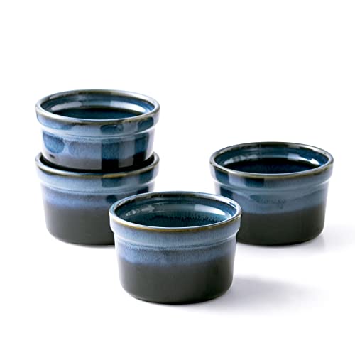 Ramekins 8 Oz Oven Safe for Creme Brulee, Souffle Dishes - Ceramic Baking Bowls Set of 4 for Pudding Cups, Custard, Ice Cream, Serving Dish for Dips and Appetizers - Reactive Dark Blue -  HENXFEN LEAD