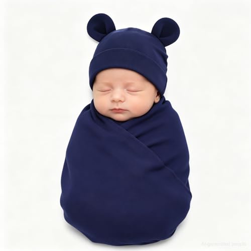 Image of Unisex Baby Swaddle Blanket with Hat Set Newborn Swaddle Receiving Blankets Sleep Sack for 0-3 Months Boys Girls
