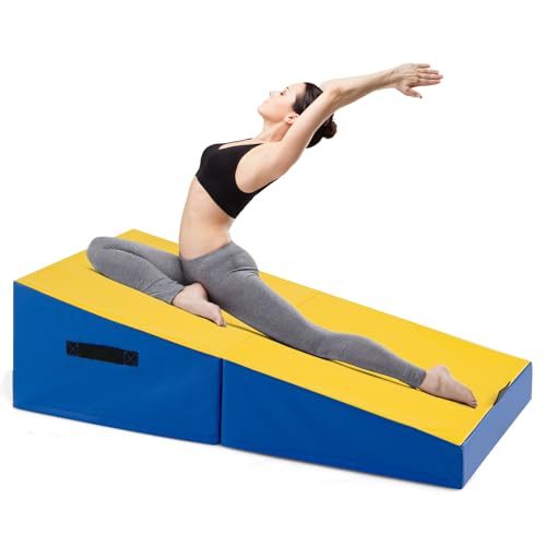 GYMAX Alfombrilla de Gimnasia Inclinada, Alfombrilla de Fitness Plegable con Forma de Cuña, Espuma EPE de Alta Densidad, Superficie de PVC Resistente a Desgarros (Amarillo,120 x 60 x 35 cm)
