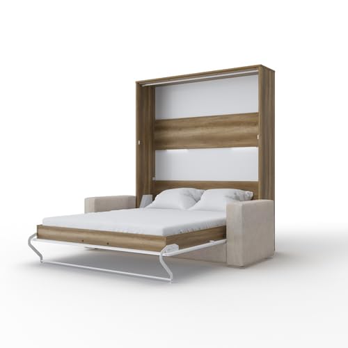 MAXIMAHOUSE Schrankbett vertikal Invento LED 160V (160x200) mit Sofa Milo (Eiche Country/Weiß matt + beiges Sofa)