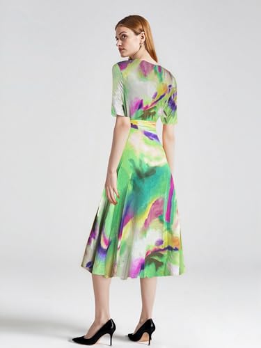 Image of Comfortable Dresses for Women Stretchy Flattering Fit Wrap Dress V Neck Short Sleeve Tie Waist Daily Wear Work Vacation