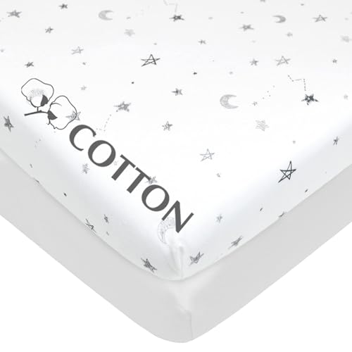 Image of American Baby Company 2 Pack 100% Natural Cotton Fitted Pack and Play Sheets 39 inch x 27 inch - Soft & Breathable Pack N Play Sheets for Playard & Mini Crib Mattress, Gray Star and White, for Boys & Girls