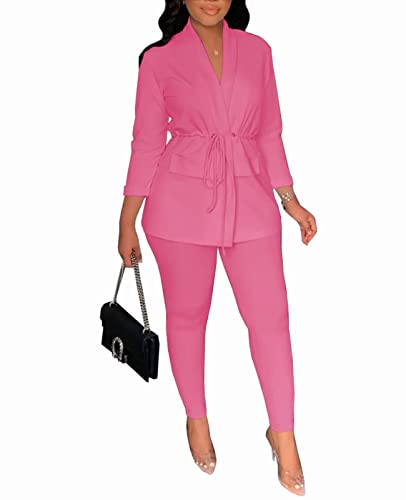 Outfits Elegant Business Suit - Sexy 2 Piece Outfits for Women Drawstring Waist Draped Blazer and Pencil Pants Set
