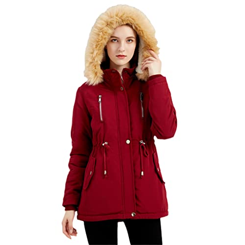 Blouson aviateur femme d'hiver coupe-vent chaud rouge noir capuche fourrure XL
