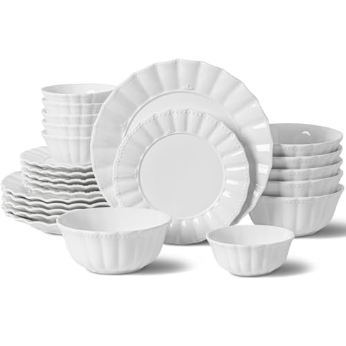 HOMBENE Dinnerware Sets, 24 Piece Porcelain Plates and Bowls Sets Service for 6, Ceramic tableware, Modern Bone China Dish Sets, Wavy Pattern