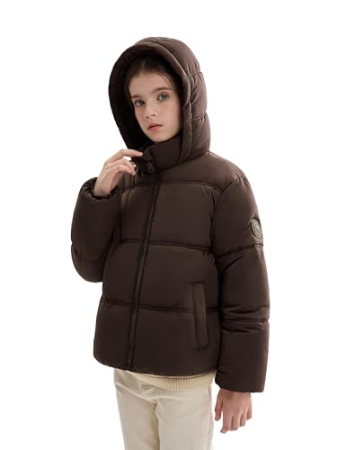 Image of SOLOCOTE Girls Winter Coat - Water-Resistant Fleece Lining Pockets Elastic Cuffs with Hooded Outwear Brown 9 Years