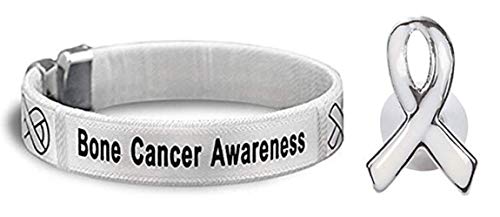 Fundraising Bone Cancer Awareness White Ribbon Bangle Bracelet + White Awareness Enamel Pin