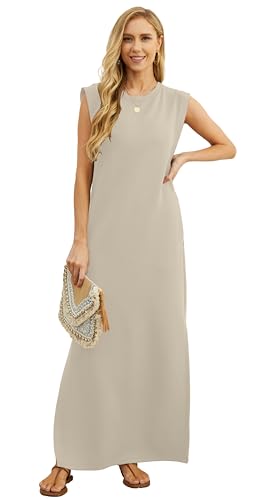 Image of GRECERELLE 2026 Women Year-Round Casual Round Neck Loose Split Wrinkle-Free Long Maxi Vacation Dress with Pockets (XXS-4XL)