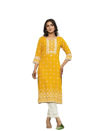Image of Juniper Mustard Yellow Embroidered Straight Kurta
