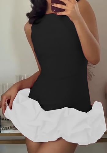Image of Unybwonn Women Ruffle Bubble Mini Dress Sleeveless Ruched Hem Bodycon Dresses a Line Mock Neck Tank Short Dress