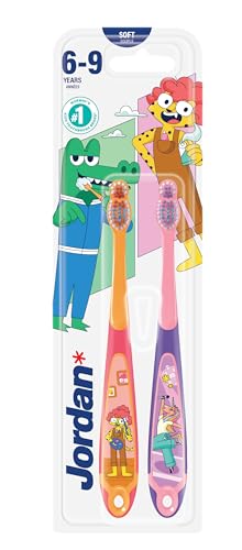 Jordan ® | Step 3 | Cepillo de dientes para niños de 6 a 9 años | Cepillo de dientes para niños con cerdas suaves, mango ergonómico doble y sin BPA | Color rosa | Pack de 2 unidades