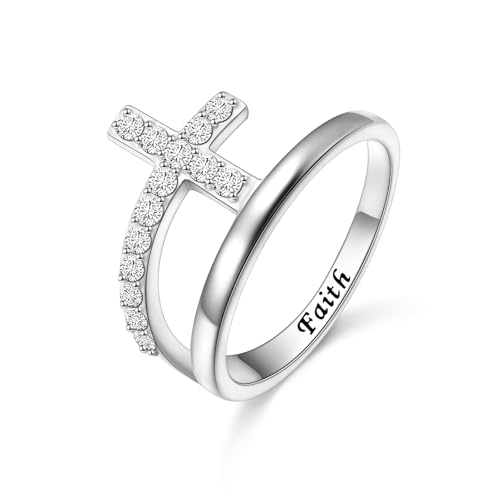 Cross Ring for Women 925 Sterling Silver Cubic Zirconia Fashion Band Faith Promise Rings for Her Mothers Day Gift for Wife Mom