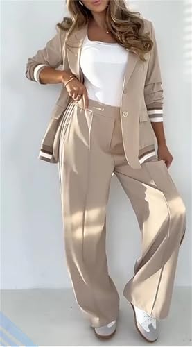 Chic Gray Ribbed Suit Set for Women – Elegant Blazer and High-Rise Wide-Leg Pants (Medium) - Image 2