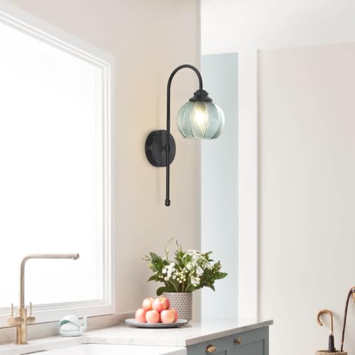 Image of KCO Lighting Vintage Green Glass Wall Sconce Black Globe Sconce Mid Century Modern Long Wall Light Fixture for Living Room Bedroom Bathroom