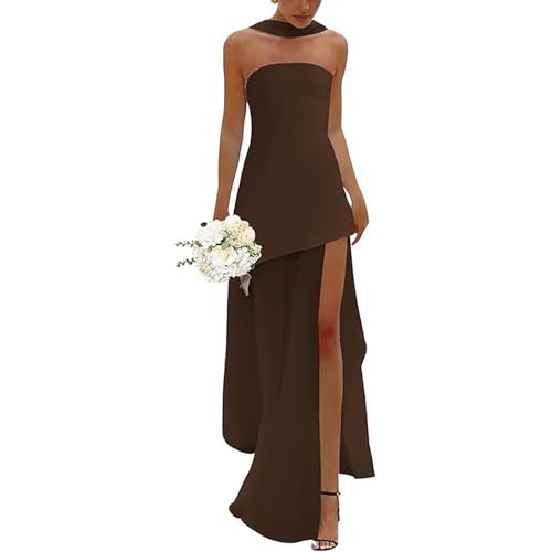 Women Strapless Corset Asymmetrical High Split Flowy Maxi Dresses Evening Gown Wedding Guest Dress with Scarf4
