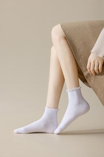 SRYL Ruffle Ankle Socks for Women's,Casual Cute Turn-Cuff Socks Soft Breathable Knit Cotton Lettuce Frilly Crew Socks Girls4
