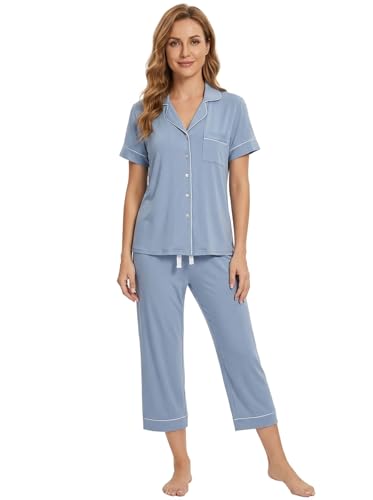 Image of Joyaria Bamboo Viscose Cooling Pajamas for Women Capri Button Front Pjs Set | Ideal for Night Sweats, Hot Sleeper Friendly, Breathable & Moisture Wicking, Short Sleeve Top