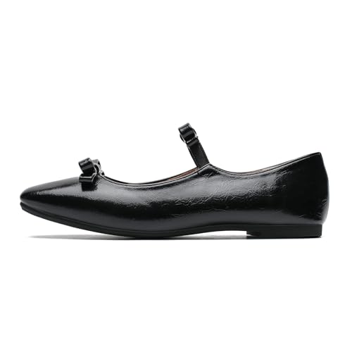LIURUIJIA Women's Ballet Flats with Bow Square Toe Casual Comfortable Retro Mary Jane Lolita Dress Shoes Black 44 US 10.52