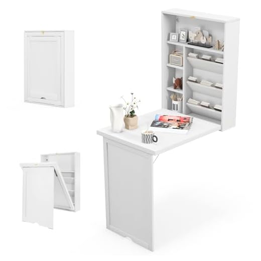 Tangkula Foldable Wall Mounted Desk, Floating Table with Storage Shelves & Hooks, Space-Saving Fold-Up Murphy Desk for Small Spaces, Home Office, Dorm Room