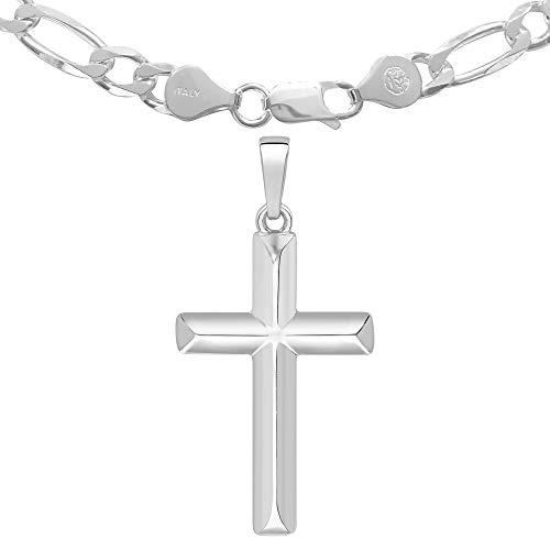 Mens Sterling Silver Cross Pendant Italian Figaro Chain Necklace4