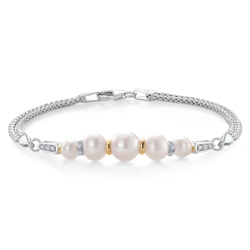Gem Stone King 925 Sterling Silver and 10K Yellow Gold Cultured Freshwater Pearl and White Lab Grown Diamond Bracelet for Women (Round 5.5mm-7.5mm Pearls, 6.5/7/7.5 Inches, Made in Italy)