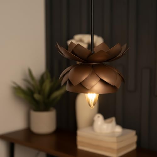 Image of Lotus Pendant Light | Premium Metal Hanging Lamp with E27 Holder | LED Compatible Ceiling Light for Dining, Kitchen & Entryway (Bronze)
