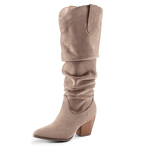 mysoft Women's Cowboy Knee-High Boots Pointed Toe Mid Chunky Heel Pull On Slouchy Boots with Zippers