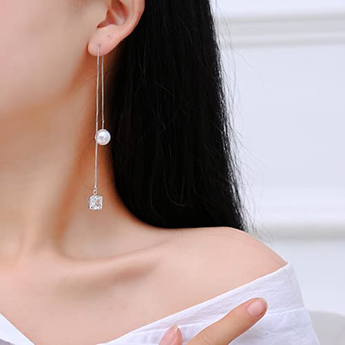 BG&WLing Pearl Sterling Silver Threader Earrings for Women Hypoallergenic White Green Square Rhinestone Crystal Long Tassel Earrings Dangling Fashion Jewelry3