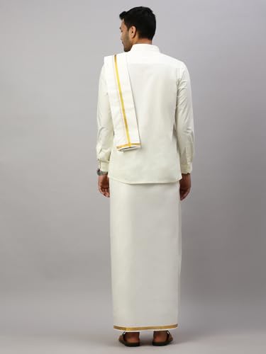 Image of RAMRAJ COTTON Pure Cotton Full Sleeve Shirt with Gold 1 /2 Inch Jari Border Dhoti Set with Towel