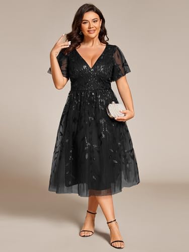 Ever-Pretty Women's V Neck Short Sleeves Embroidery Empire Waist Sequin Plus Size Midi Cocktail Wedding Guest Dresses 2230-DA4