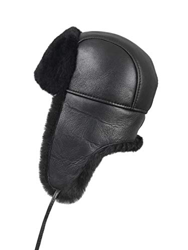 Image of Leather Aviator Shearling Ushanka Trapper Hat Russian Sheepskin Cap Real Fur Winter Hat with Ear Flaps for Men Women