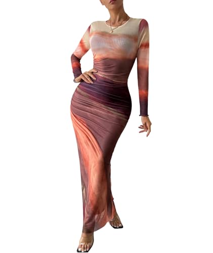 Image of MARZXIN Women Long Sleeve Maxi Dress Bodycon Ruched Formal Slim Fit Tie Dye Dress Formal Mesh Dress